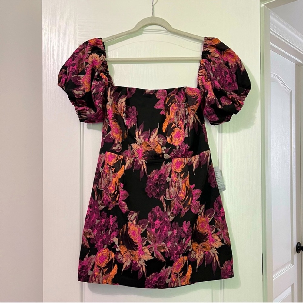 Lulus Pink Black Floral Jacquard Off the Shoulder Puff Sleeve Party Dress
